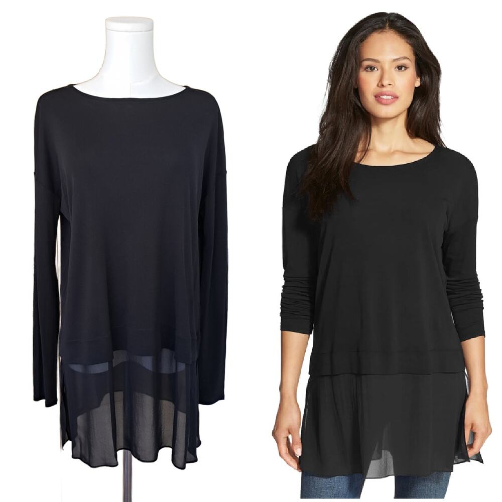 EILEEN FISHER Black Boxy Stretch Silk Jersey Tunic Chiffon Hem Top Small